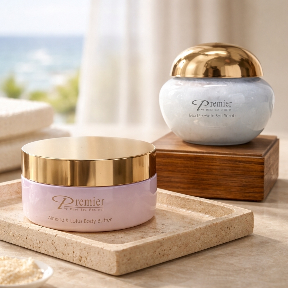 New Premier Almond/Lotus Body Butter & Dead Sea Exotic Scent Salt Scrub Set